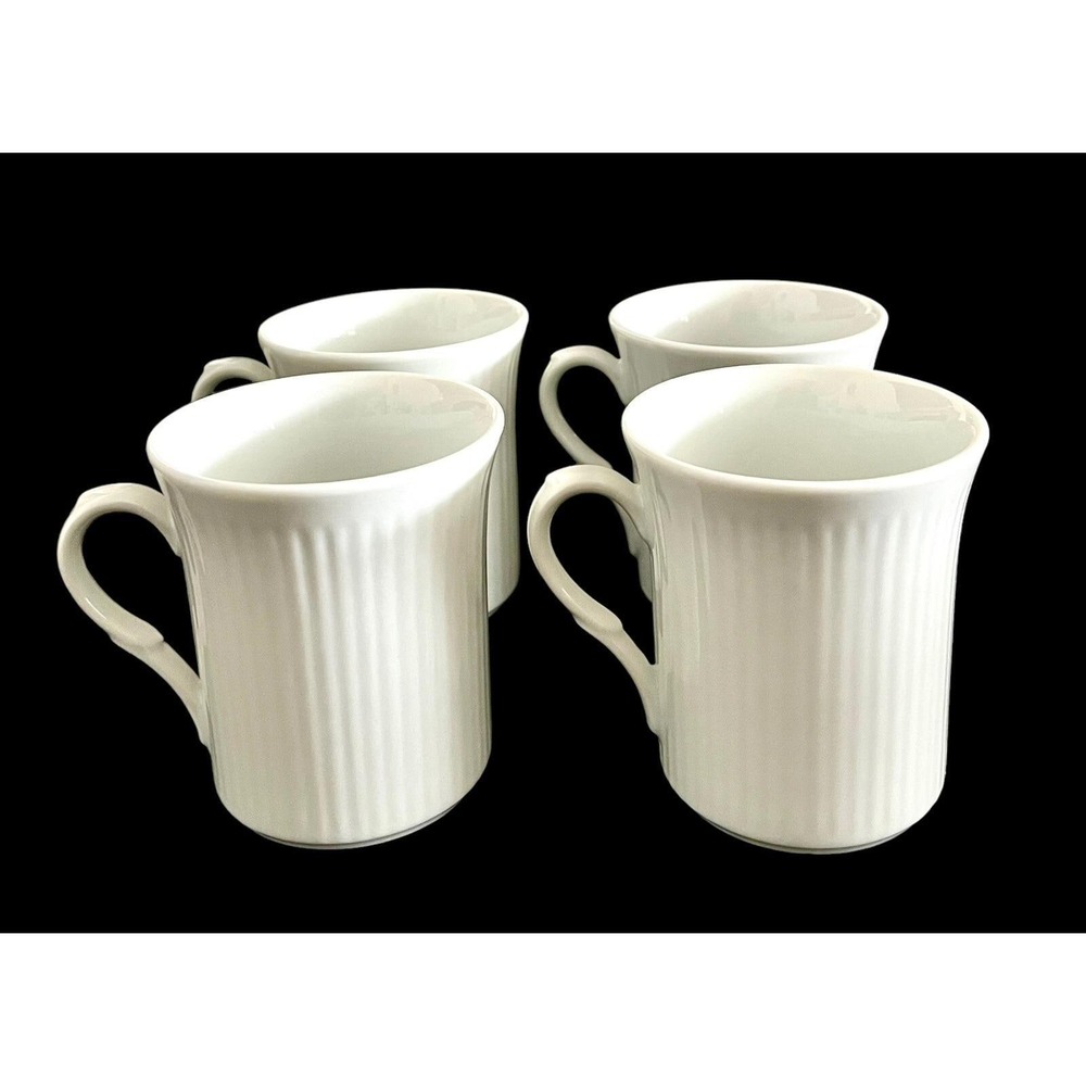 4 Vintage Lillian Vernon White Ribbed Embossed Mugs Set Porcelain Handled‎ Cups